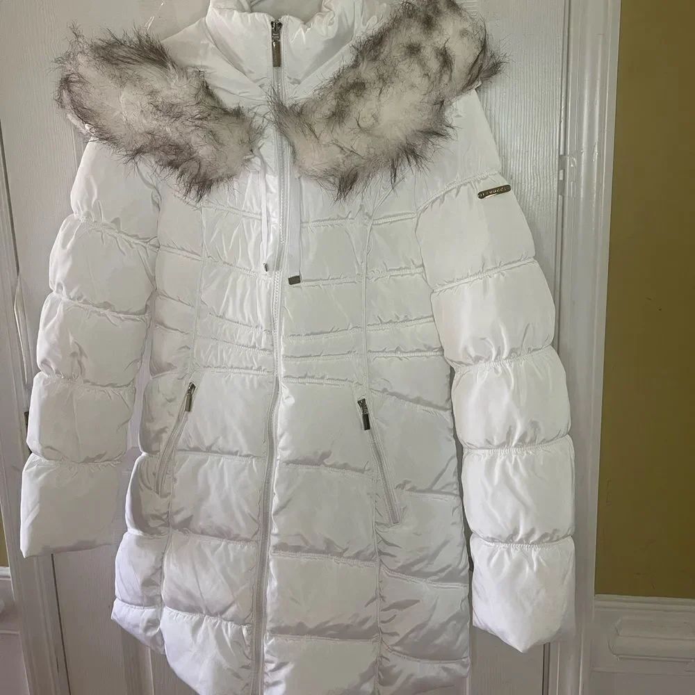 Laundry by Shelli Segal 3/4 Hooded Puffer white jacket with faux fur trim size S